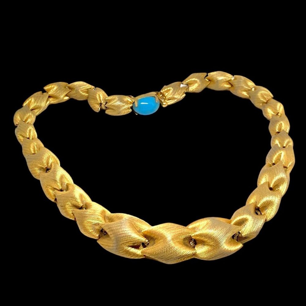 BRANIA Gold Tone Graduated Blue Cab Mid Century Designer Choker Necklace Vintage
